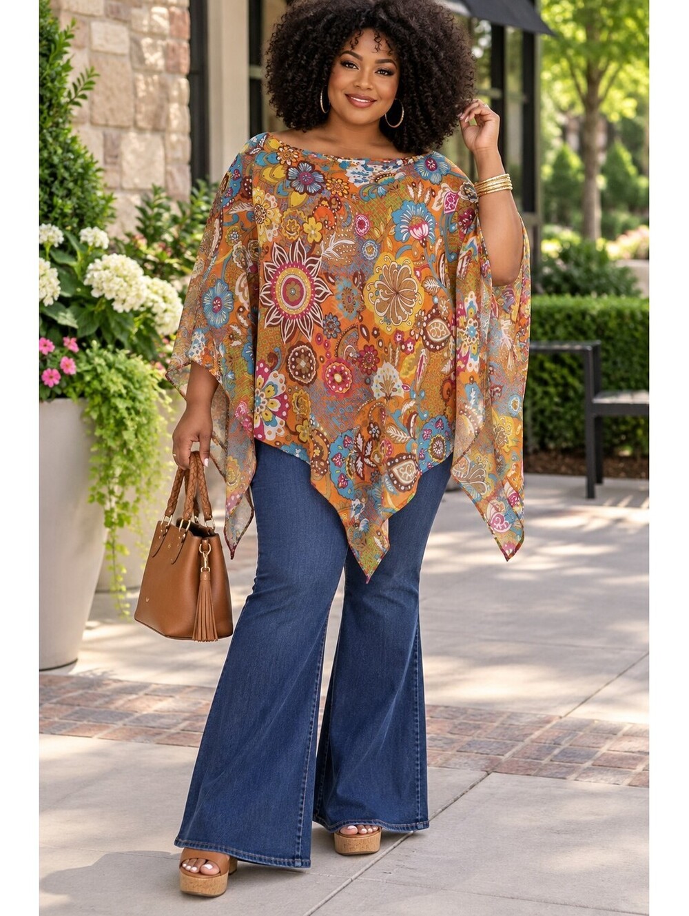 Avenue Women's One Size Boho Floral  Handkerchief Hem Semi-Sheer Festival Poncho